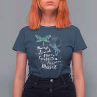 Women’s dragonfly memorial T-shirt, navy with teal dragonfly graphic and cursive message