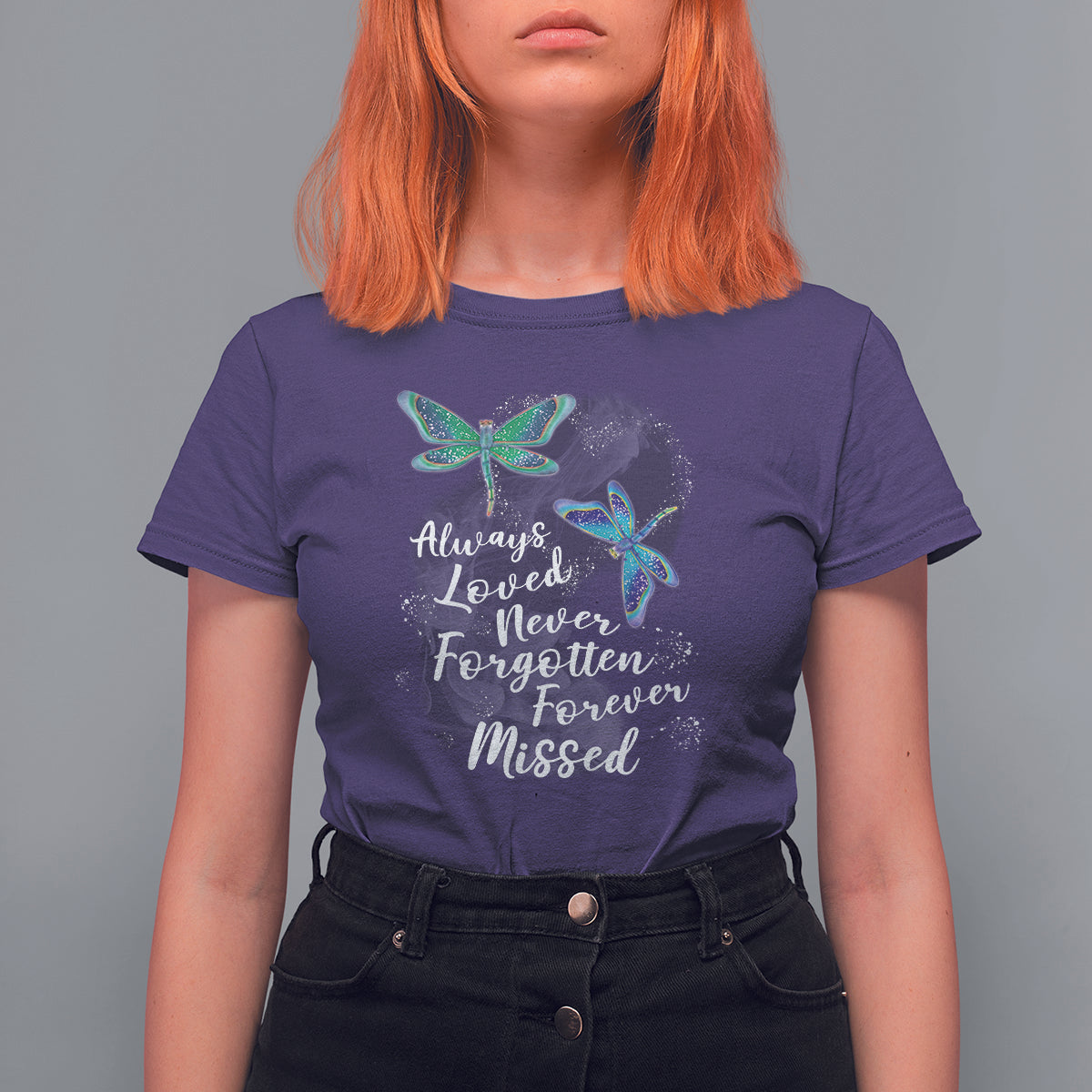 Women’s dragonfly memorial T-shirt, violet purple with teal dragonfly graphic and cursive message