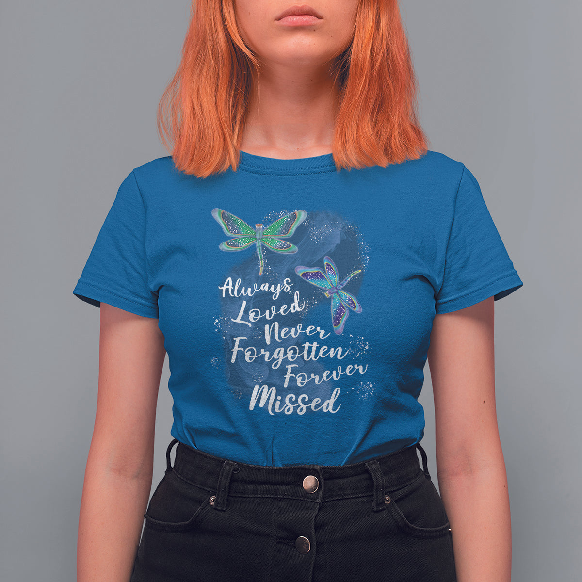 Women’s dragonfly memorial T-shirt, royal blue with teal dragonfly graphic and cursive text