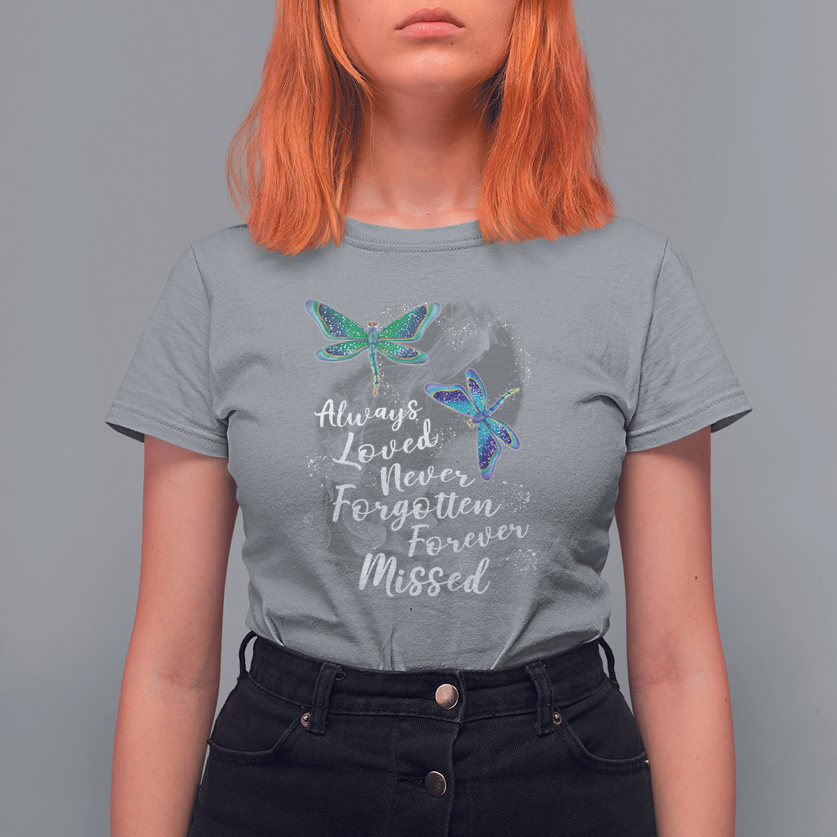 Women’s dragonfly memorial T-shirt, sport gray with teal dragonfly graphic and cursive text