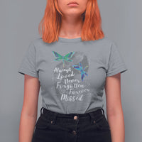 Women’s dragonfly memorial T-shirt, sport gray with teal dragonfly graphic and cursive text