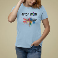 Women's autism awareness graphic T-shirt, light blue, rainbow puzzle dragonfly "storm" text