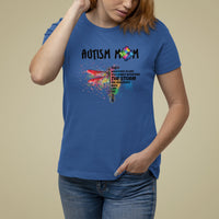 Women's autism awareness graphic T-shirt, royal blue, rainbow puzzle dragonfly "storm" text
