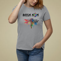 Women's autism awareness graphic T-shirt, sport gray, rainbow puzzle dragonfly "storm" text