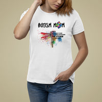 Women's autism awareness graphic T-shirt, white, rainbow puzzle dragonfly and "storm" text