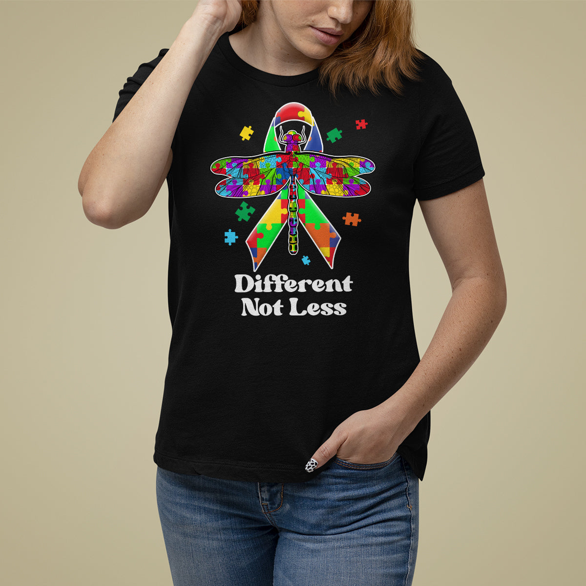 Different Not Less Autism Awareness Puzzle Dragonfly Inspirational Shirt, Dragonfly T-shirt, Autism Awareness T-shirt, Puzzle Shirt, Support Autistic Gift T Shirt For Women - Wonder Print Shop