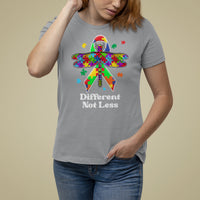 Sport gray autism awareness T-shirt with colorful puzzle dragonfly graphic and “Different Not Less”