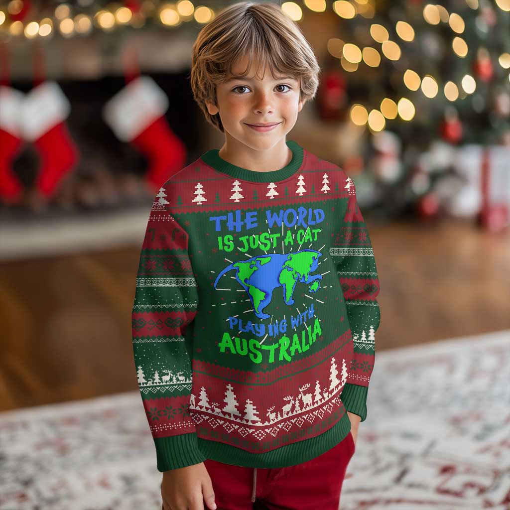 Funny Cat Ugly Christmas Sweater The World Is A Cat Playing With Australia - Wonder Print Shop
