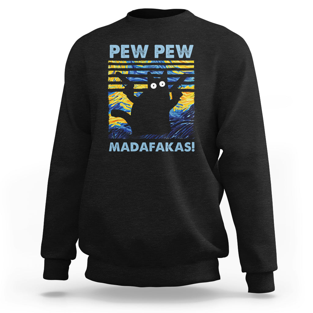 Funny Cat Sweatshirt Pew Pew Madafakas Retro Vintage Starry Night - Wonder Print Shop