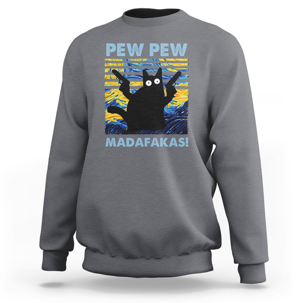 Funny Cat Sweatshirt Pew Pew Madafakas Retro Vintage Starry Night - Wonder Print Shop
