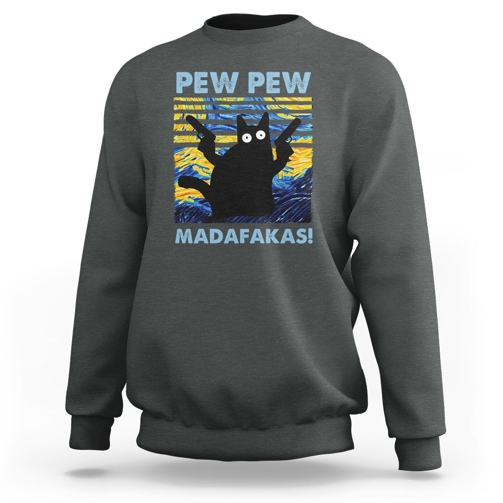 Funny Cat Sweatshirt Pew Pew Madafakas Retro Vintage Starry Night - Wonder Print Shop