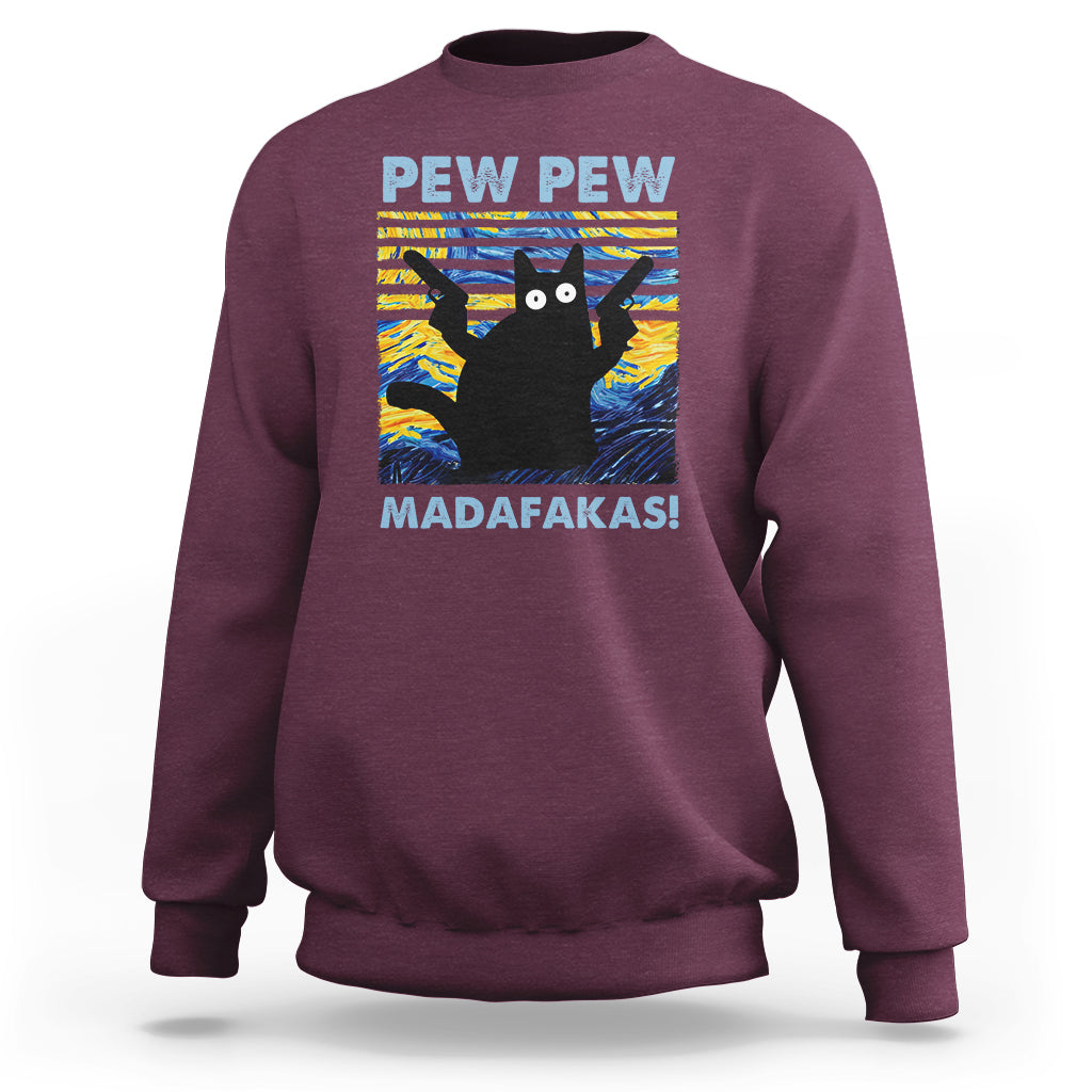 Funny Cat Sweatshirt Pew Pew Madafakas Retro Vintage Starry Night - Wonder Print Shop