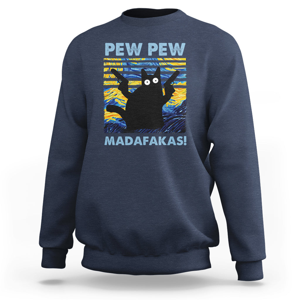 Funny Cat Sweatshirt Pew Pew Madafakas Retro Vintage Starry Night - Wonder Print Shop