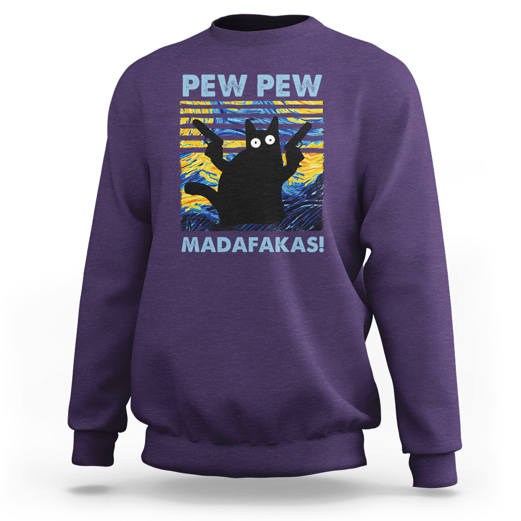 Funny Cat Sweatshirt Pew Pew Madafakas Retro Vintage Starry Night - Wonder Print Shop