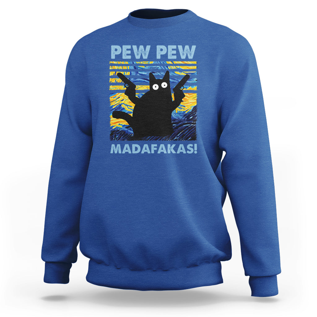 Funny Cat Sweatshirt Pew Pew Madafakas Retro Vintage Starry Night - Wonder Print Shop