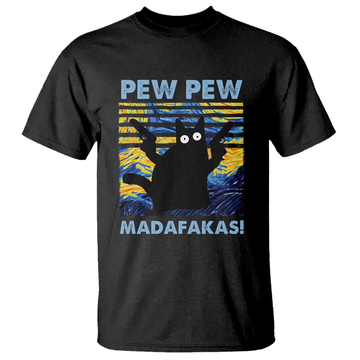 Funny Cat T Shirt Pew Pew Madafakas Retro Vintage Starry Night - Wonder Print Shop