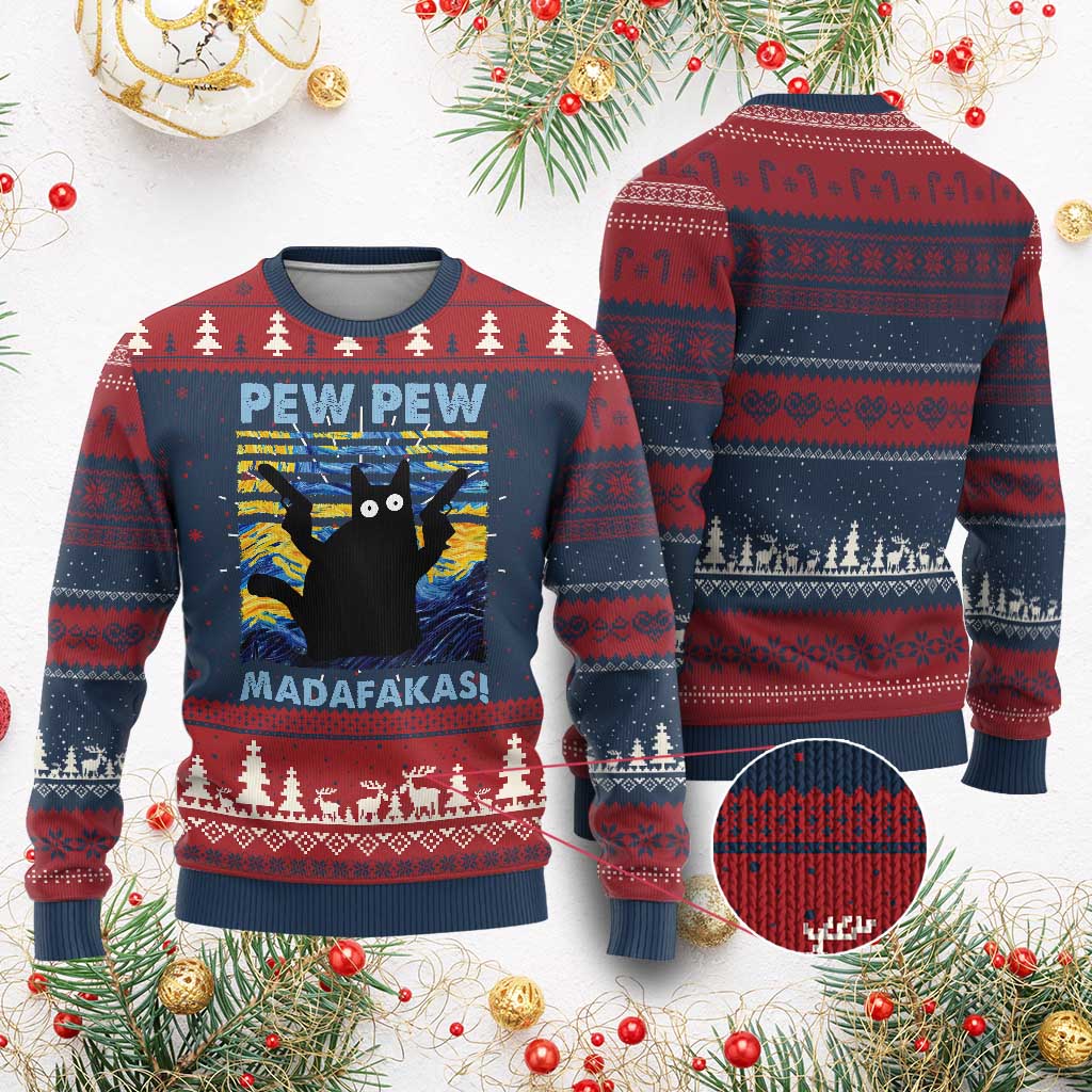 Funny Cat Ugly Christmas Sweater Pew Pew Madafakas Retro Vintage Starry Night - Wonder Print Shop