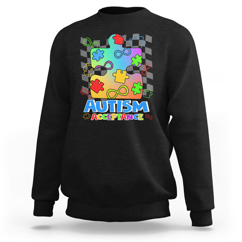 Autism Acceptance Sweatshirt Retro Groovy Puzzle Piece Spectrum Rainbow Infinity Symbol - Wonder Print Shop