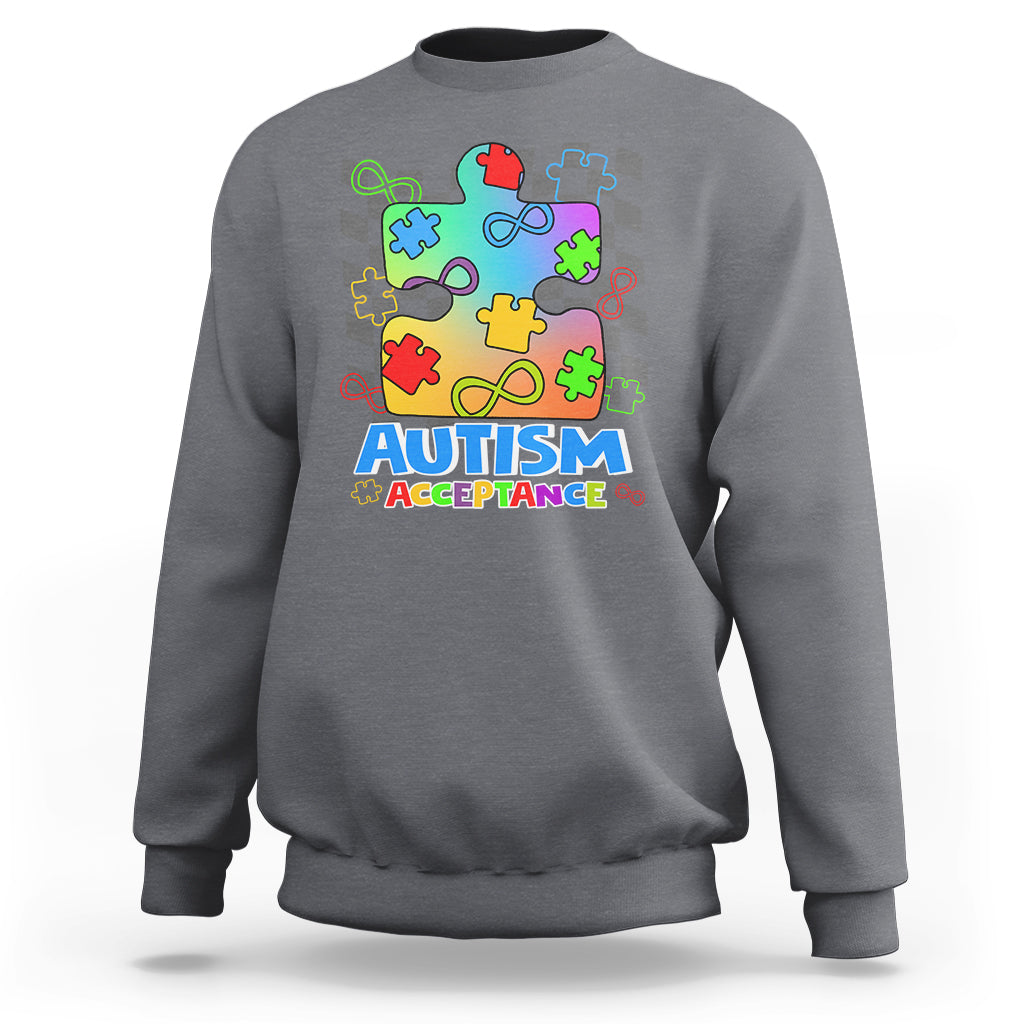 Autism Acceptance Sweatshirt Retro Groovy Puzzle Piece Spectrum Rainbow Infinity Symbol - Wonder Print Shop