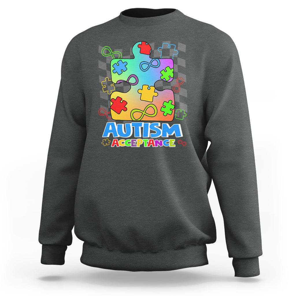 Autism Acceptance Sweatshirt Retro Groovy Puzzle Piece Spectrum Rainbow Infinity Symbol - Wonder Print Shop