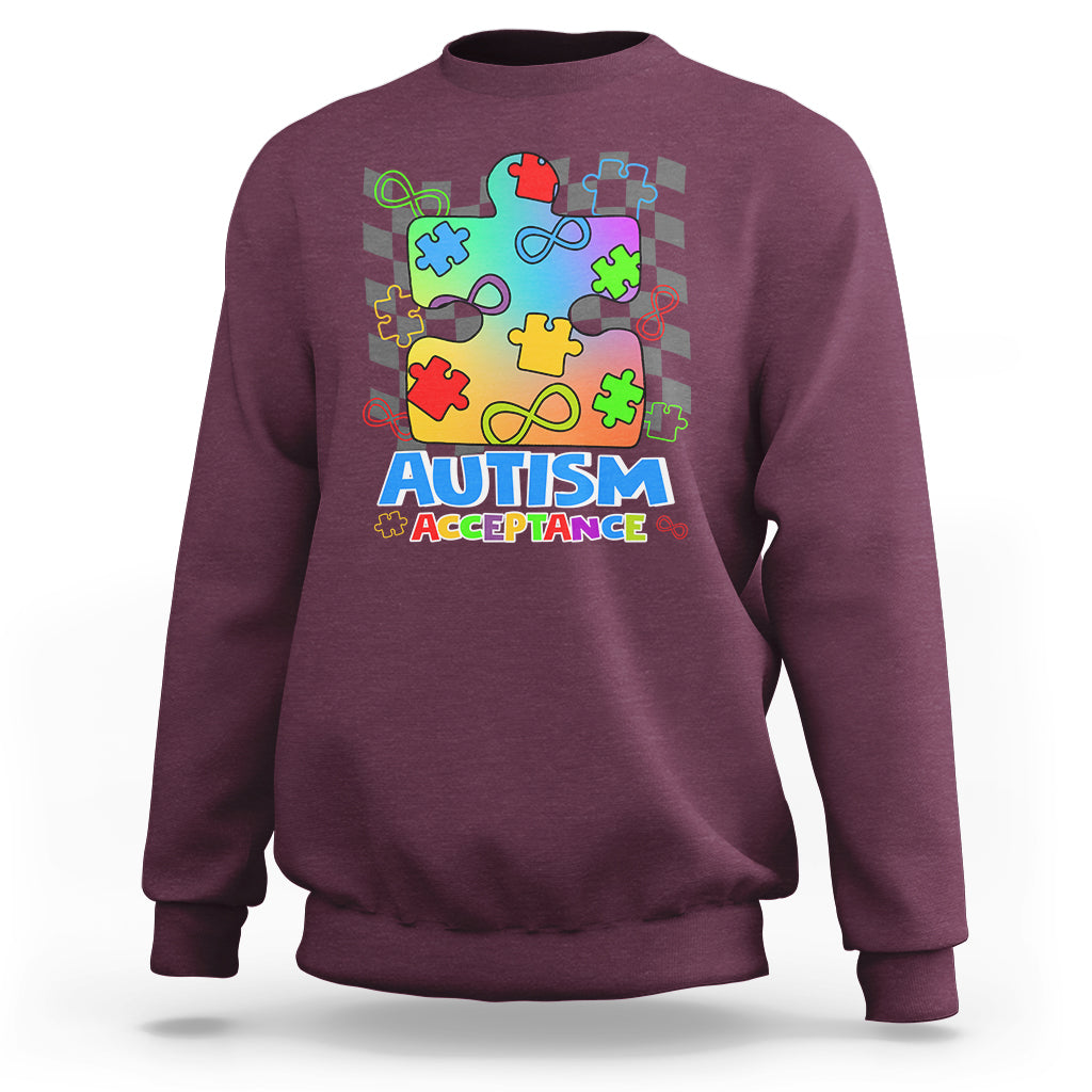 Autism Acceptance Sweatshirt Retro Groovy Puzzle Piece Spectrum Rainbow Infinity Symbol - Wonder Print Shop