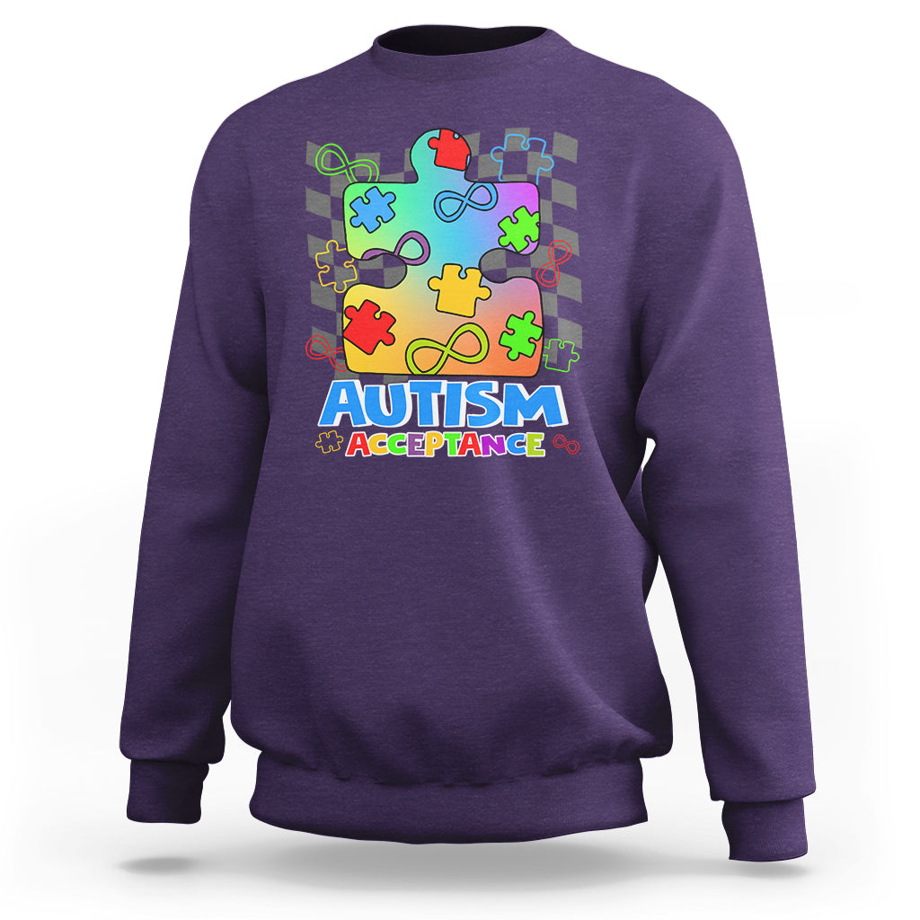 Autism Acceptance Sweatshirt Retro Groovy Puzzle Piece Spectrum Rainbow Infinity Symbol - Wonder Print Shop