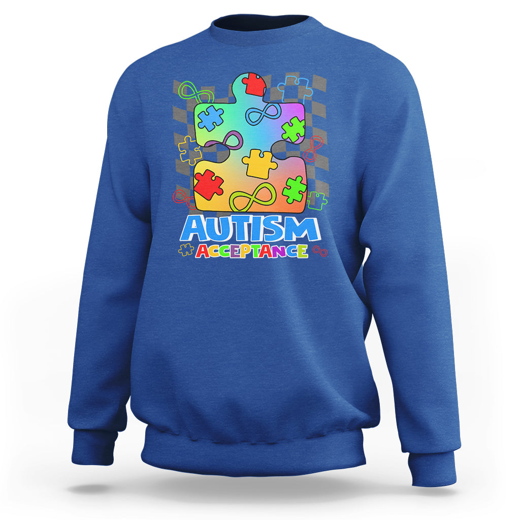Autism Acceptance Sweatshirt Retro Groovy Puzzle Piece Spectrum Rainbow Infinity Symbol - Wonder Print Shop