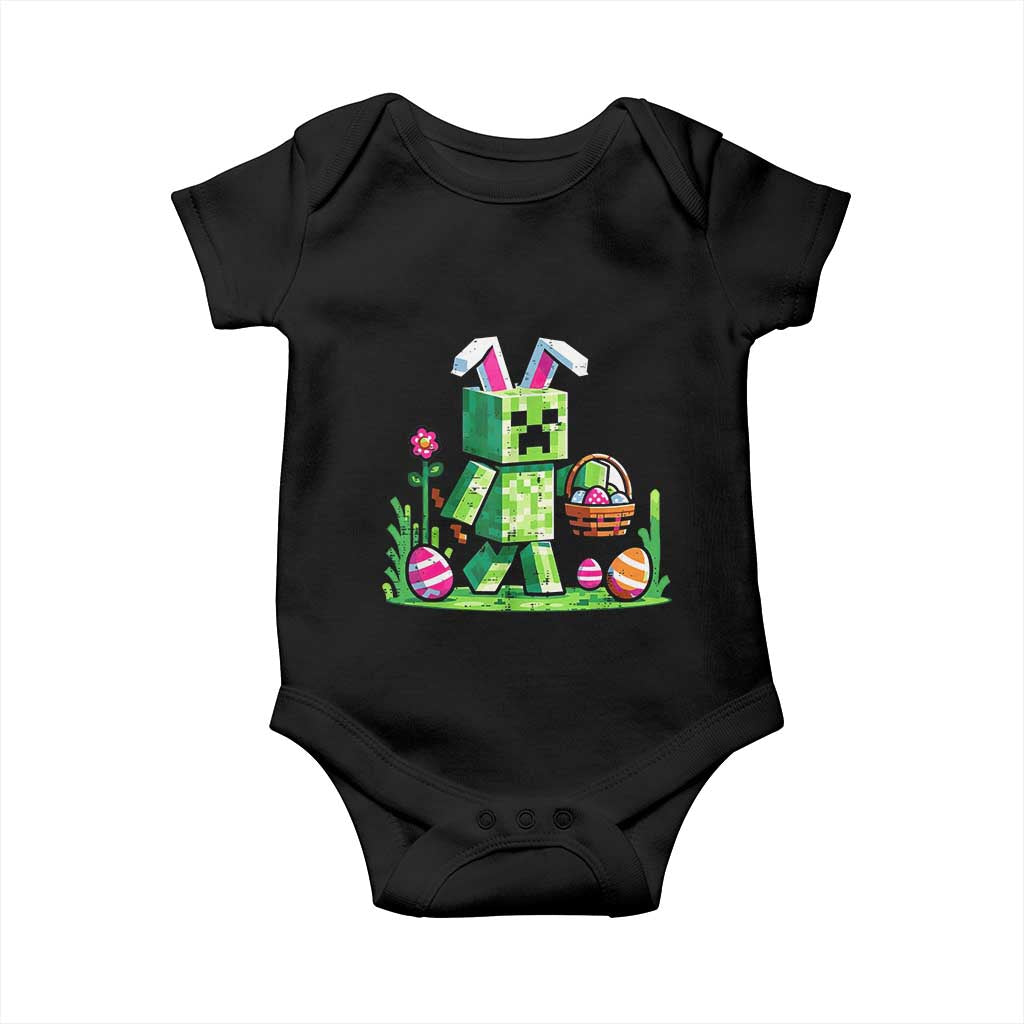 Pixel Easter Bunny Gamer Parody Graphic Baby Onesie Funny Block Style Rabbit with Eggs Basket Gaming Humor Gift
