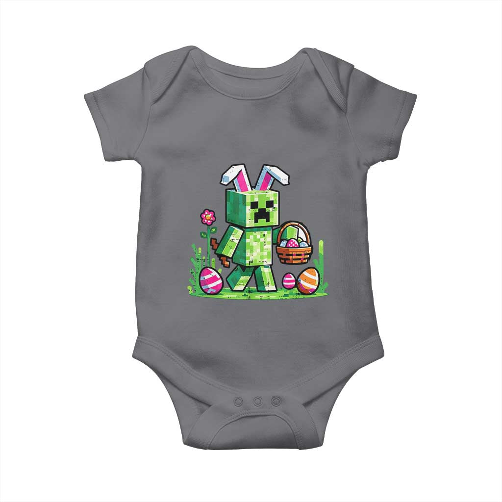 Pixel Easter Bunny Gamer Parody Graphic Baby Onesie Funny Block Style Rabbit with Eggs Basket Gaming Humor Gift