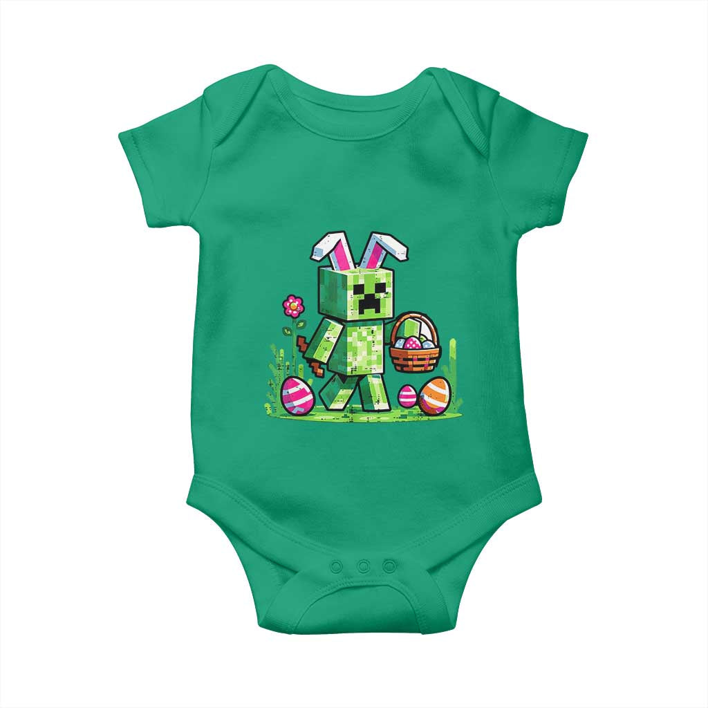 Pixel Easter Bunny Gamer Parody Graphic Baby Onesie Funny Block Style Rabbit with Eggs Basket Gaming Humor Gift