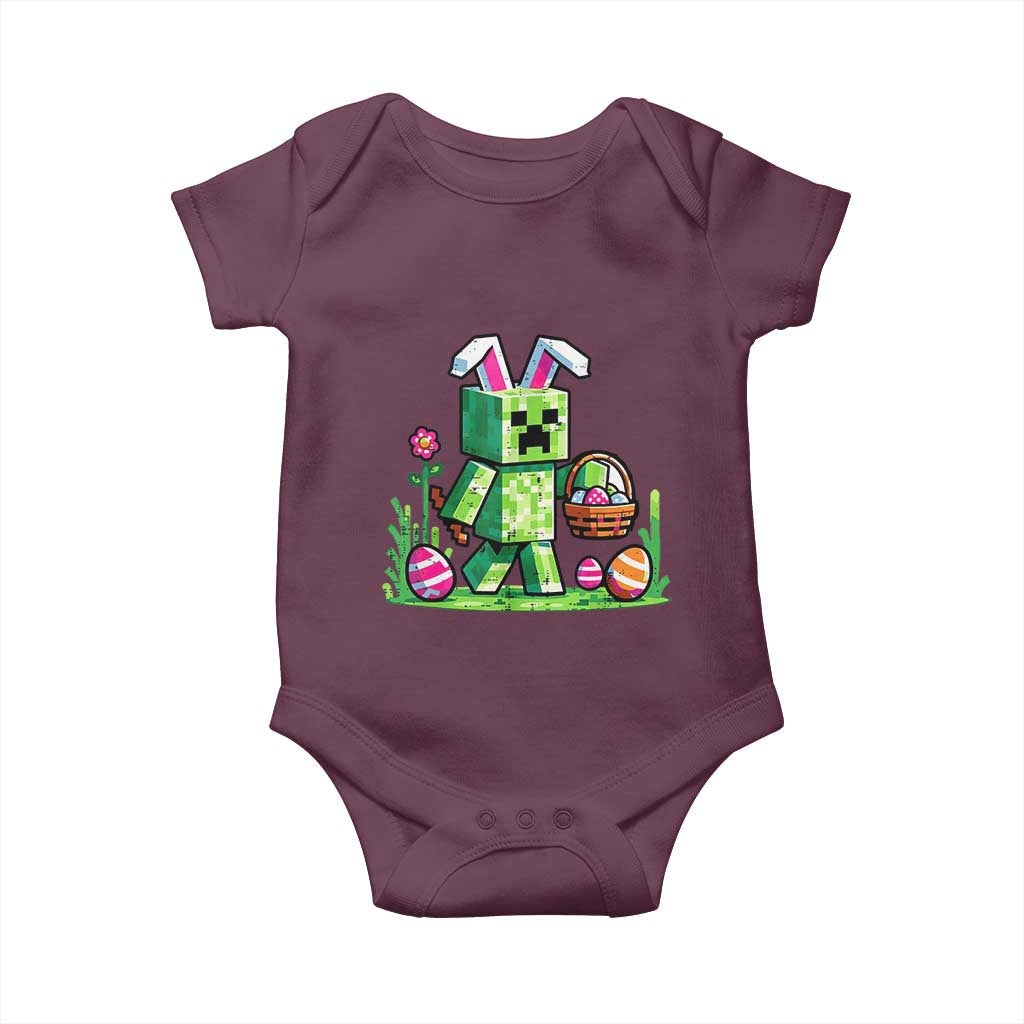 Pixel Easter Bunny Gamer Parody Graphic Baby Onesie Funny Block Style Rabbit with Eggs Basket Gaming Humor Gift