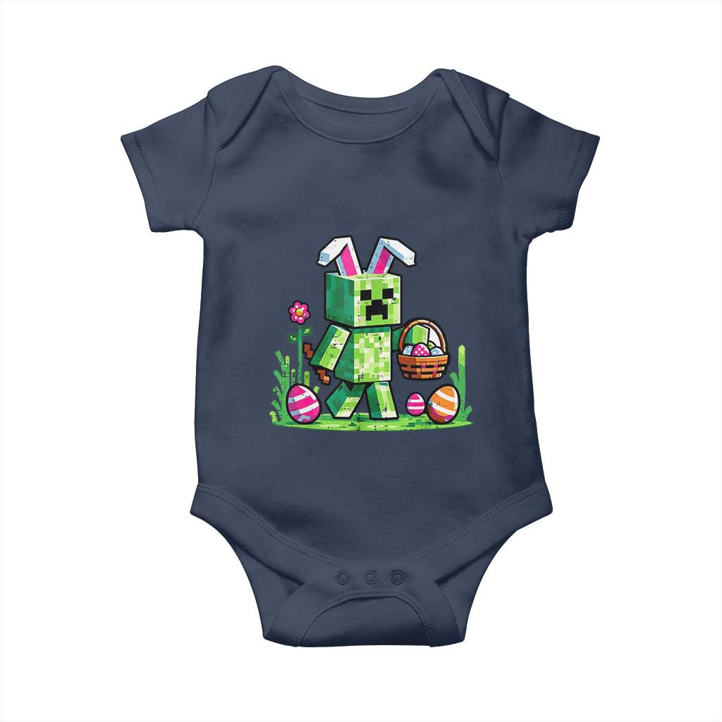 Pixel Easter Bunny Gamer Parody Graphic Baby Onesie Funny Block Style Rabbit with Eggs Basket Gaming Humor Gift
