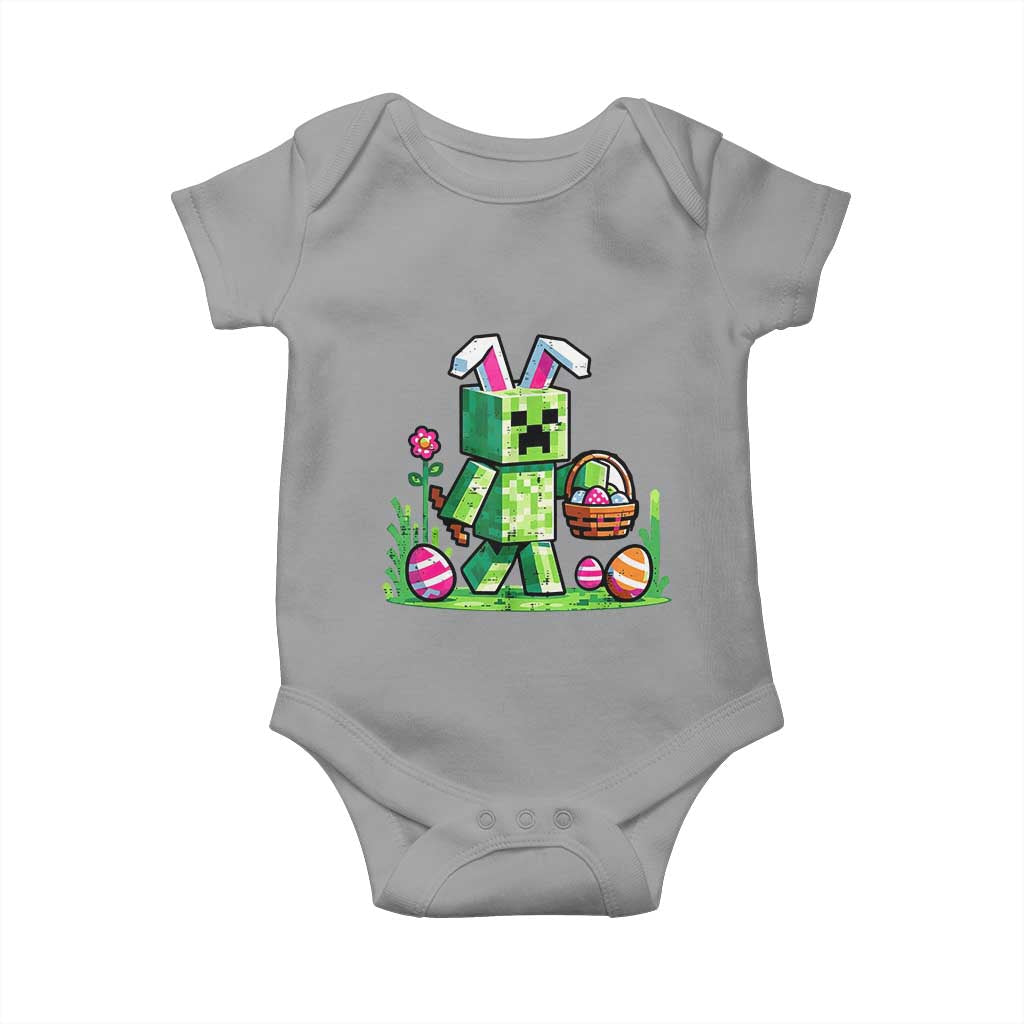 Pixel Easter Bunny Gamer Parody Graphic Baby Onesie Funny Block Style Rabbit with Eggs Basket Gaming Humor Gift