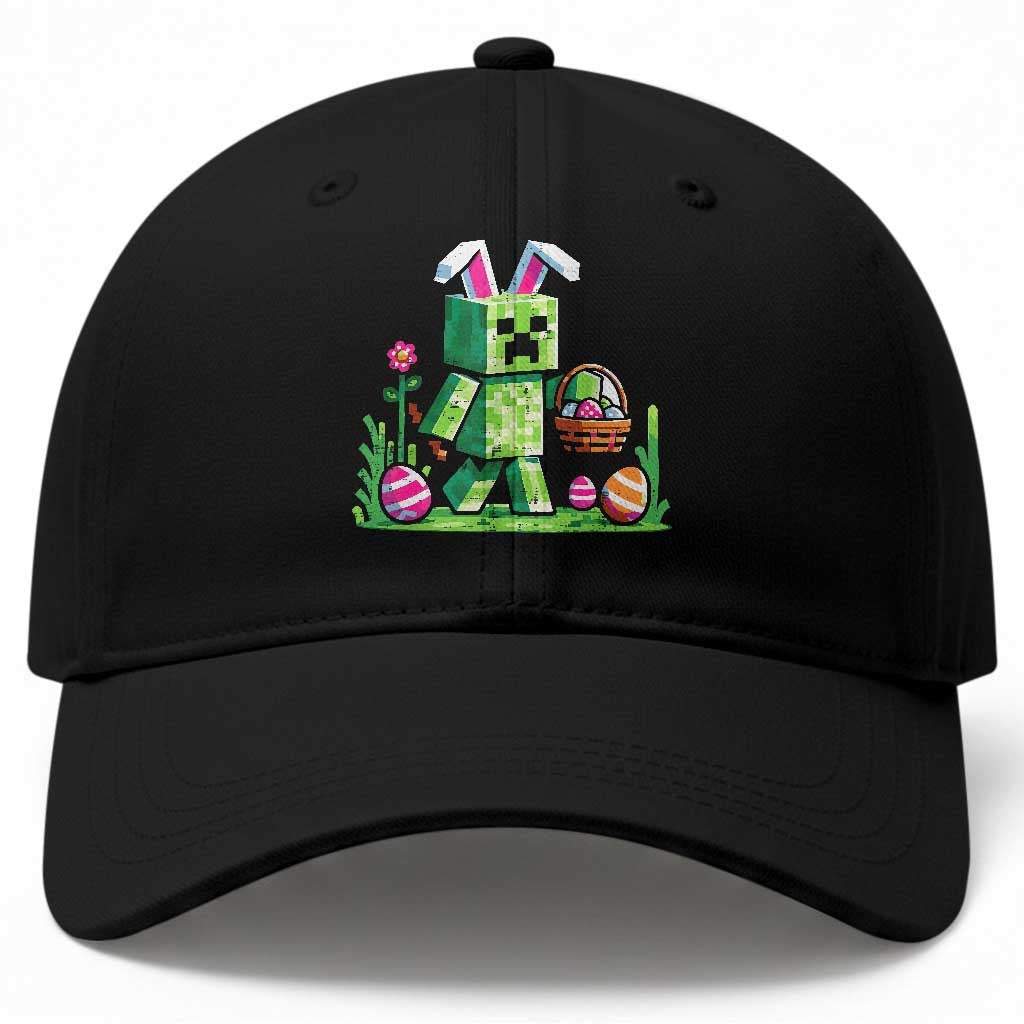 Pixel Easter Bunny Gamer Parody Graphic Baseball Cap Funny Block Style Rabbit with Eggs Basket Gaming Humor Gift