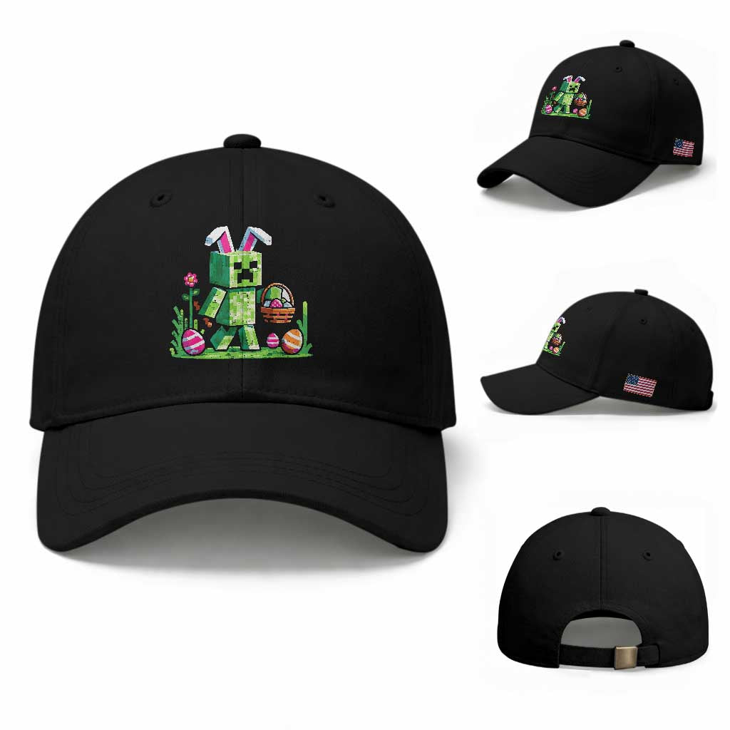 Pixel Easter Bunny Gamer Parody Graphic Baseball Cap Funny Block Style Rabbit with Eggs Basket Gaming Humor Gift