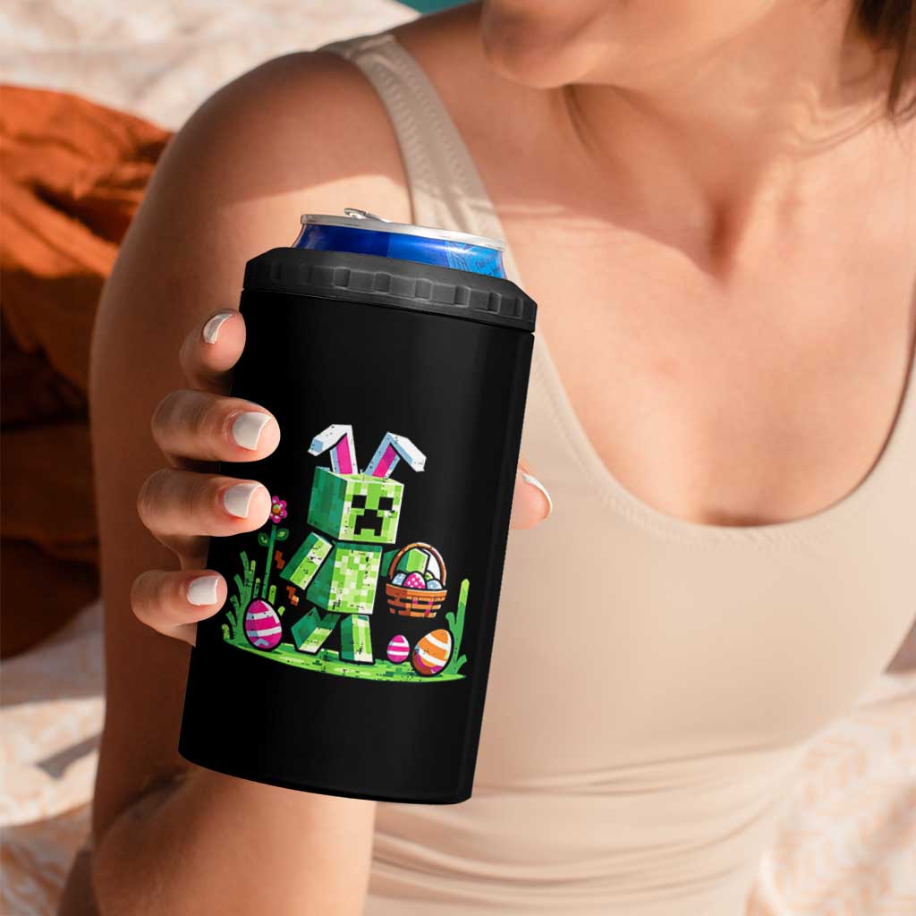 Pixel Easter Bunny Gamer Parody Graphic 4 in 1 Can Cooler Tumbler Funny Block Style Rabbit with Eggs Basket Gaming Humor Gift