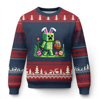 Pixel Easter Bunny Gamer Parody Graphic Ugly Christmas Sweater Funny Block Style Rabbit with Eggs Basket Gaming Humor Gift