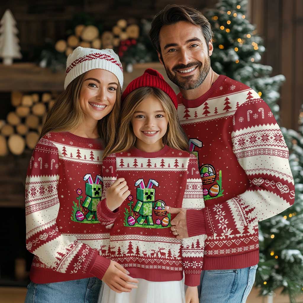 Pixel Easter Bunny Gamer Parody Graphic Ugly Christmas Sweater Funny Block Style Rabbit with Eggs Basket Gaming Humor Gift