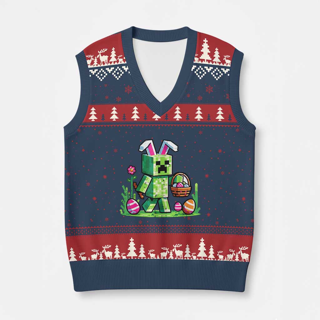 Pixel Easter Bunny Gamer Parody Graphic V-Neck Knit Sweater Vest Funny Block Style Rabbit with Eggs Basket Gaming Humor Gift