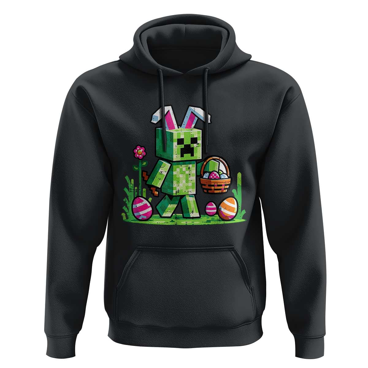 Pixel Easter Bunny Gamer Parody Graphic Hoodie Funny Block Style Rabbit with Eggs Basket Gaming Humor Gift