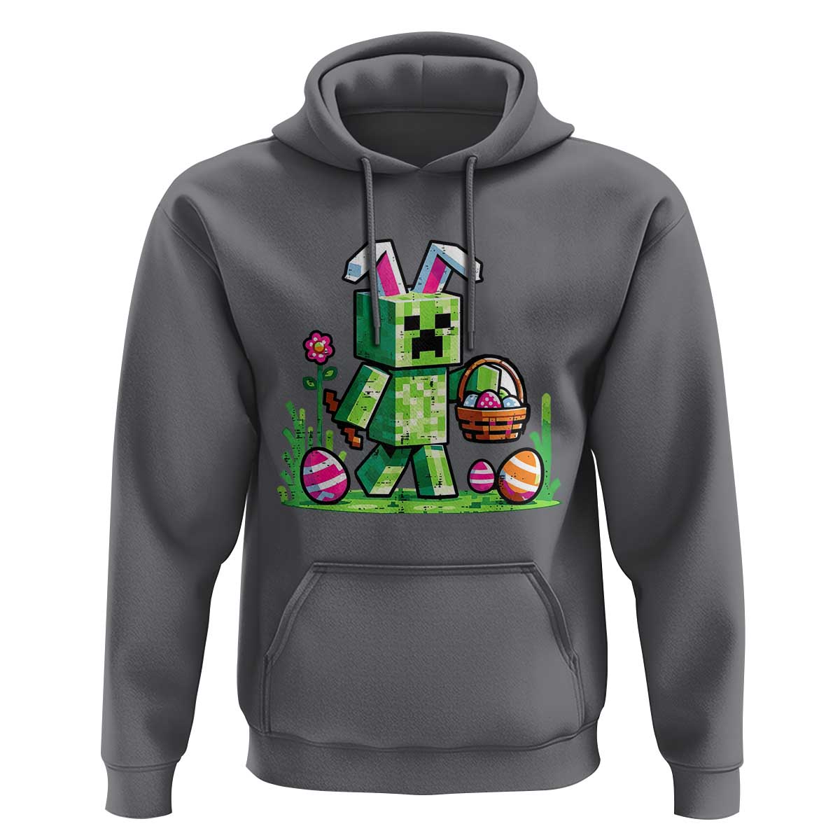 Pixel Easter Bunny Gamer Parody Graphic Hoodie Funny Block Style Rabbit with Eggs Basket Gaming Humor Gift