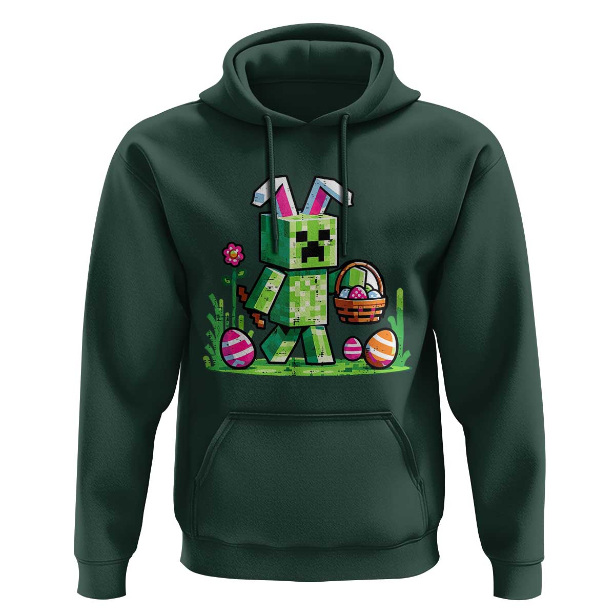 Pixel Easter Bunny Gamer Parody Graphic Hoodie Funny Block Style Rabbit with Eggs Basket Gaming Humor Gift
