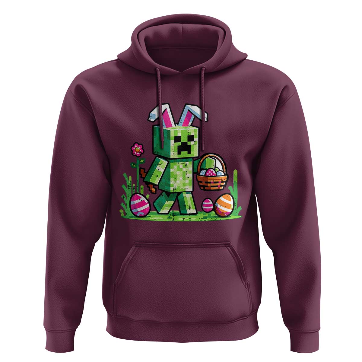 Pixel Easter Bunny Gamer Parody Graphic Hoodie Funny Block Style Rabbit with Eggs Basket Gaming Humor Gift