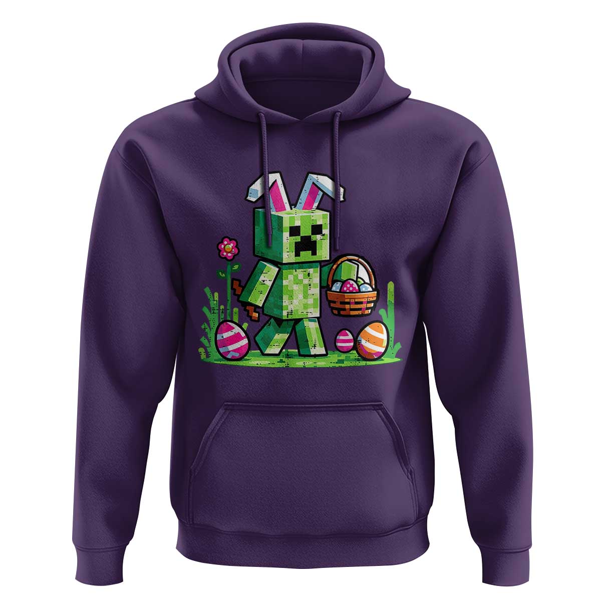 Pixel Easter Bunny Gamer Parody Graphic Hoodie Funny Block Style Rabbit with Eggs Basket Gaming Humor Gift