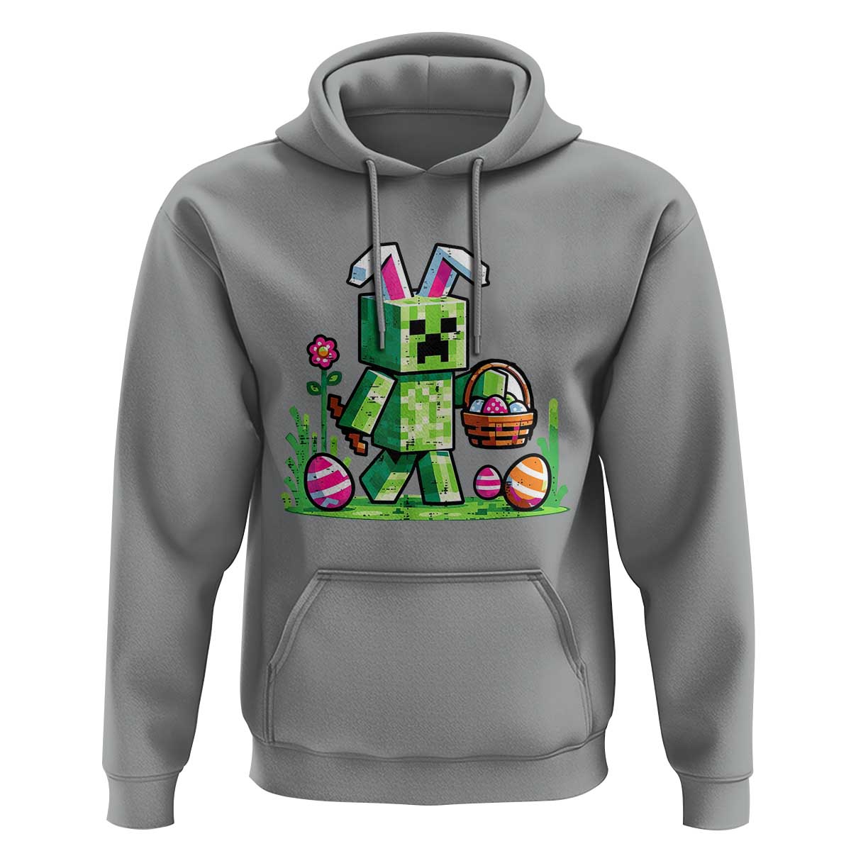 Pixel Easter Bunny Gamer Parody Graphic Hoodie Funny Block Style Rabbit with Eggs Basket Gaming Humor Gift