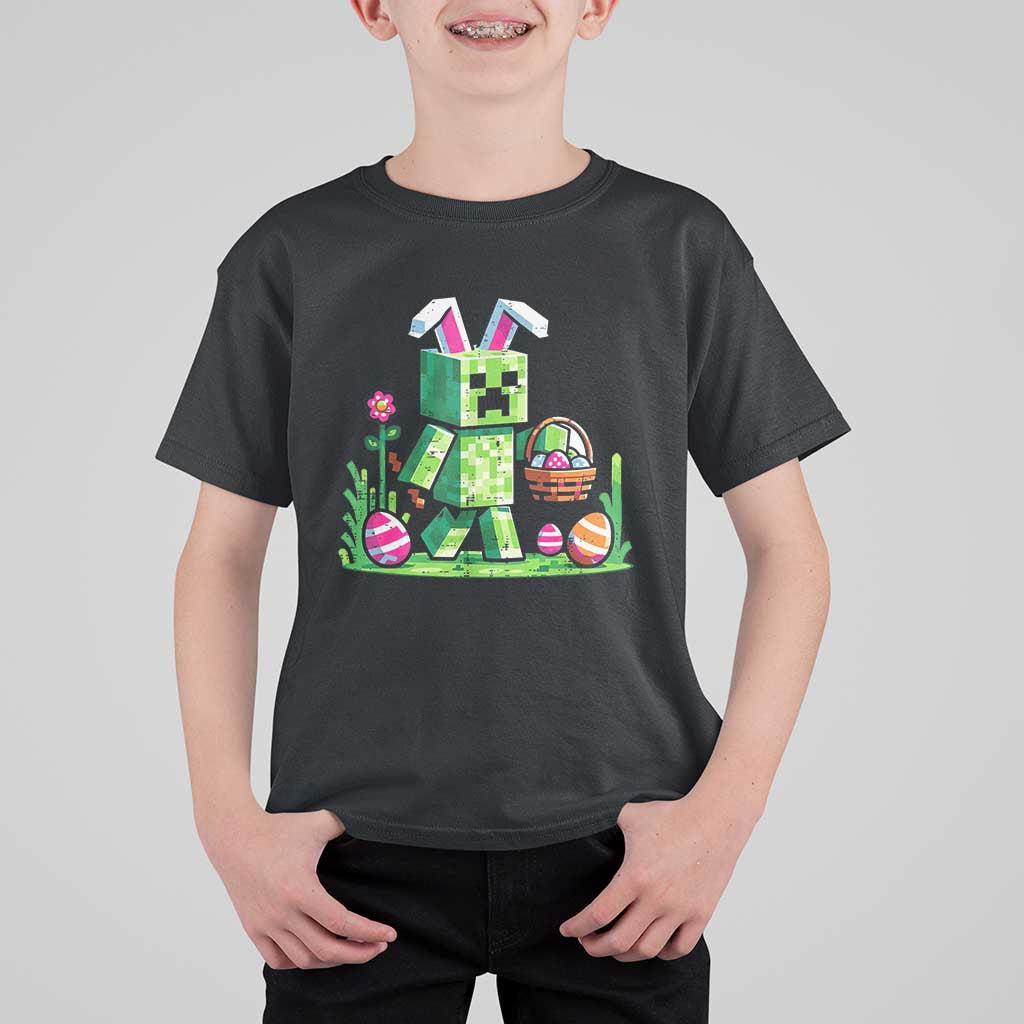 Pixel Easter Bunny Gamer Parody Graphic T Shirt For Kid Funny Block Style Rabbit with Eggs Basket Gaming Humor Gift