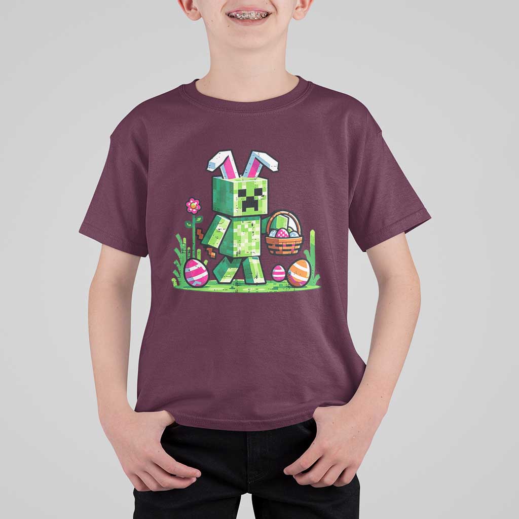 Pixel Easter Bunny Gamer Parody Graphic T Shirt For Kid Funny Block Style Rabbit with Eggs Basket Gaming Humor Gift