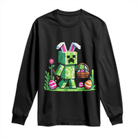Pixel Easter Bunny Gamer Parody Graphic Long Sleeve Shirt Funny Block Style Rabbit with Eggs Basket Gaming Humor Gift