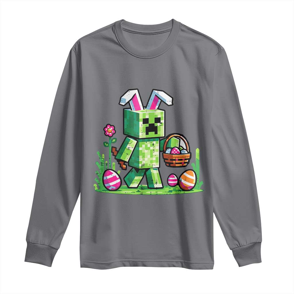 Pixel Easter Bunny Gamer Parody Graphic Long Sleeve Shirt Funny Block Style Rabbit with Eggs Basket Gaming Humor Gift