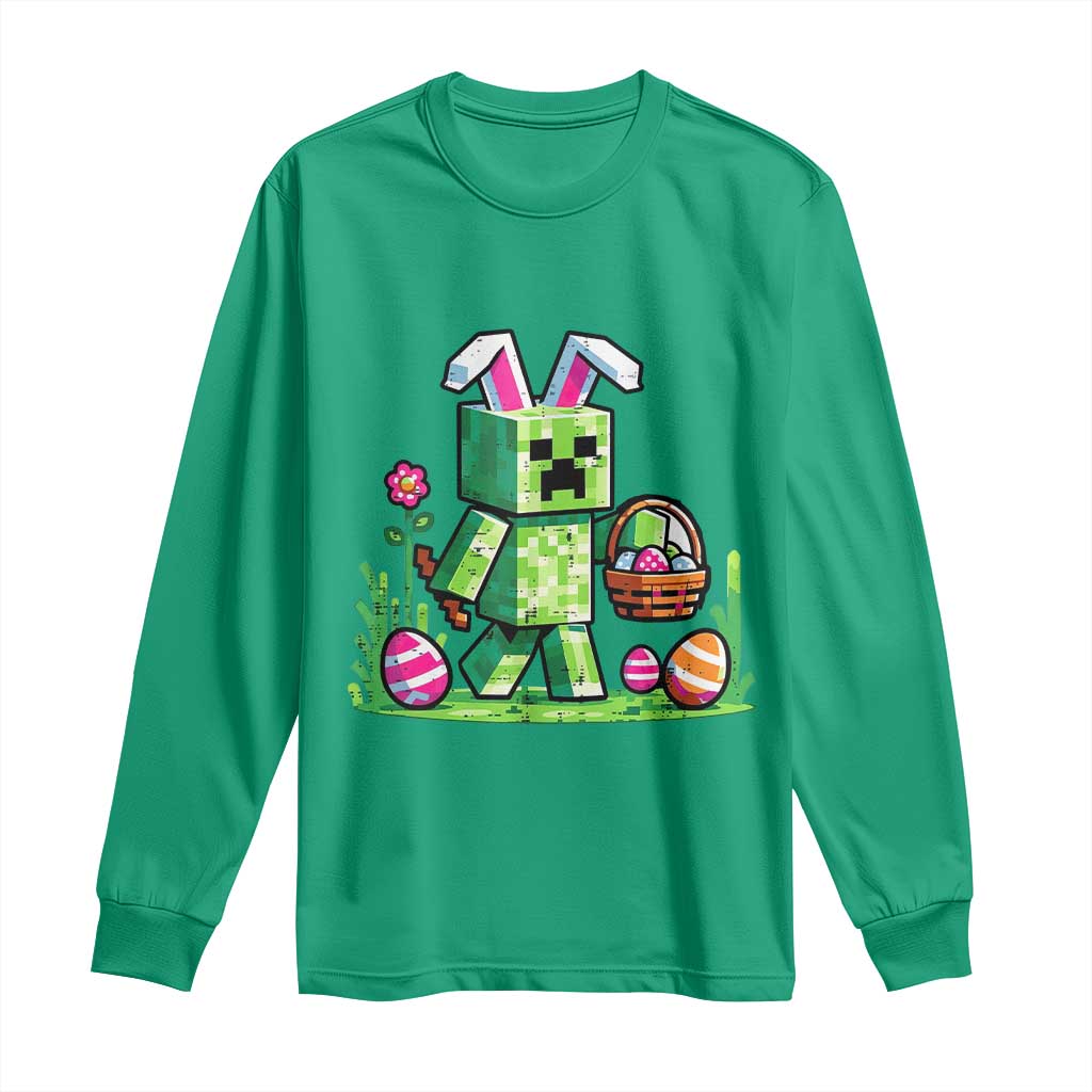 Pixel Easter Bunny Gamer Parody Graphic Long Sleeve Shirt Funny Block Style Rabbit with Eggs Basket Gaming Humor Gift